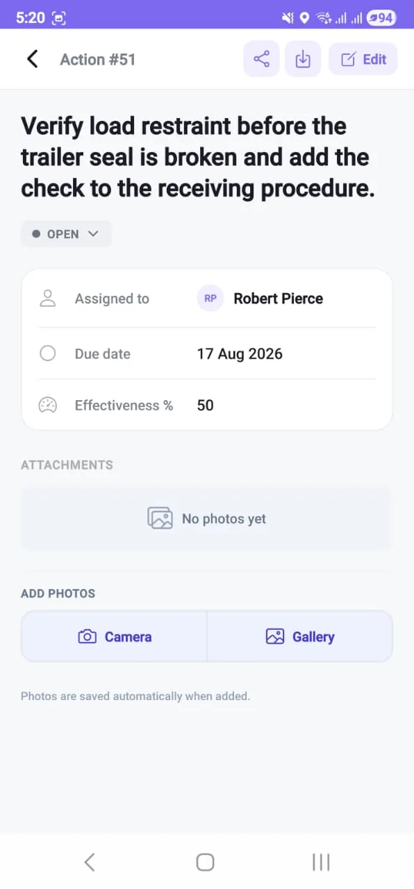 A corrective action on a phone: the action text, an Open status with a dropdown, the assigned person, the due date, an effectiveness percentage, and camera and gallery buttons for attaching evidence