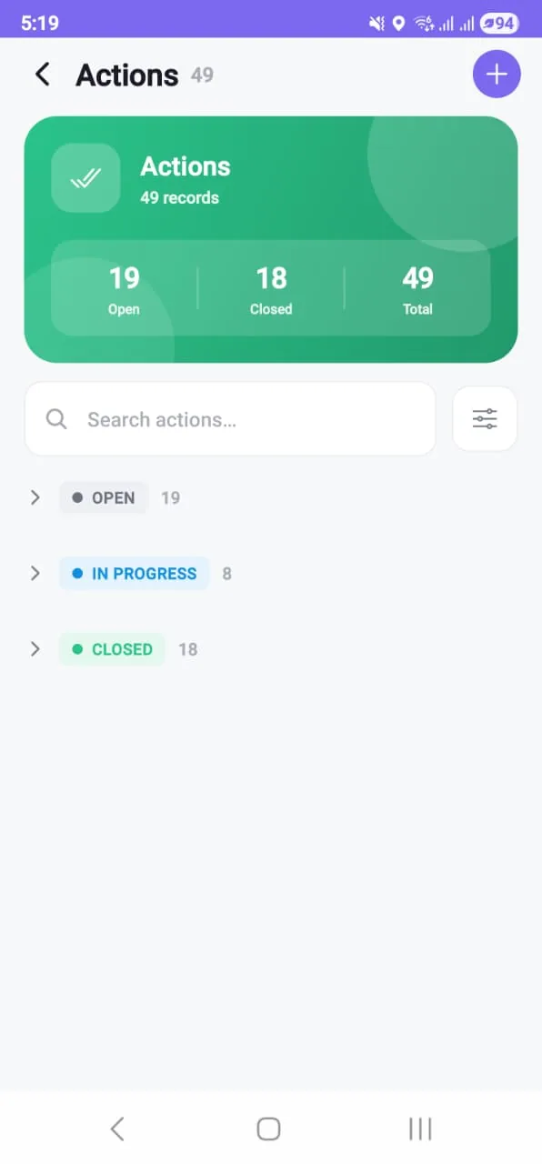 The action list on a phone: a counter strip showing nineteen open, eighteen closed and forty-nine total, a search field, and the records grouped into open, in progress and closed