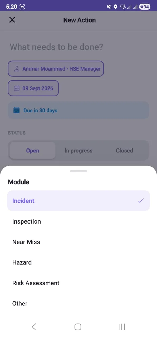 The module picker on a phone, listing incident, inspection, near miss, hazard, risk assessment and other, with incident selected
