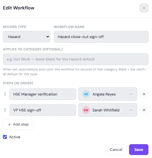 The workflow editor, showing a record type, a workflow name, an optional category and two ordered steps each with a named signer.
