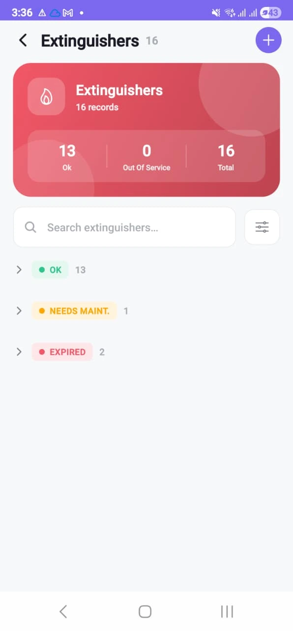 The fire extinguisher list on a phone: sixteen units with a counter strip, grouped into OK, needs maintenance and expired