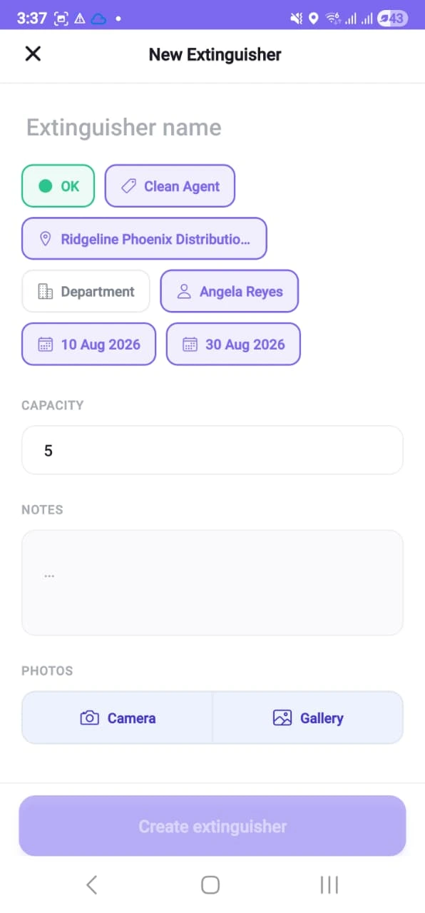The new extinguisher form on a phone: name, status, type, location, department, custodian, both inspection dates, capacity, notes and photo buttons