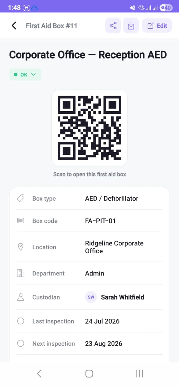 A first-aid station record on the phone: Corporate Office — Reception AED, status OK, its QR label, and the box type, code, location, department, custodian, last inspection and next inspection