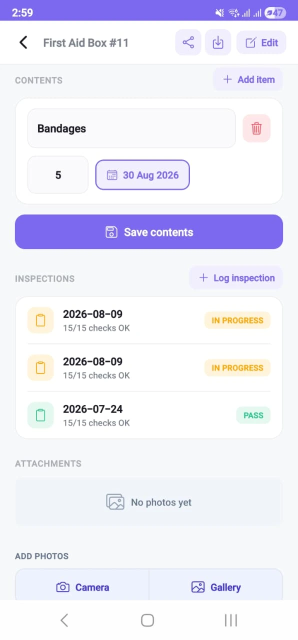 The lower half of a first-aid station record: a contents list holding an item with its quantity and expiry date, a save button, three logged inspections each showing fifteen of fifteen checks OK, an empty attachments panel, and camera and gallery buttons