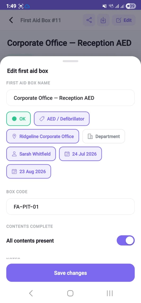 Editing a first-aid station on the phone: name, readiness, box type, location, department, custodian, last and next inspection dates, asset code, an all-contents-present toggle and notes