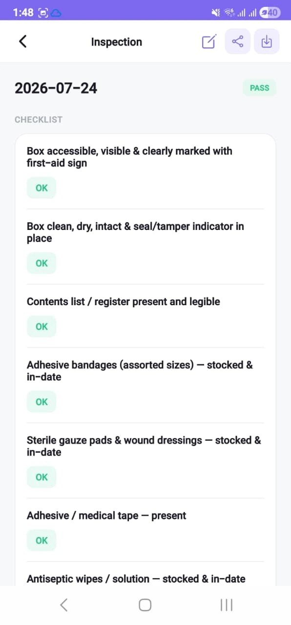 A completed first-aid inspection on the phone, dated 2026-07-24 and marked PASS, with each checklist step showing its OK result