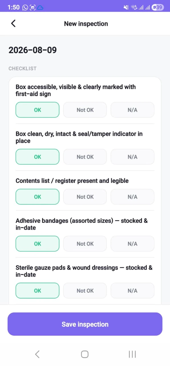 A new first-aid inspection on the phone: today’s date, and checklist steps each offering OK, Not OK and N/A, with OK pre-selected, above a save button