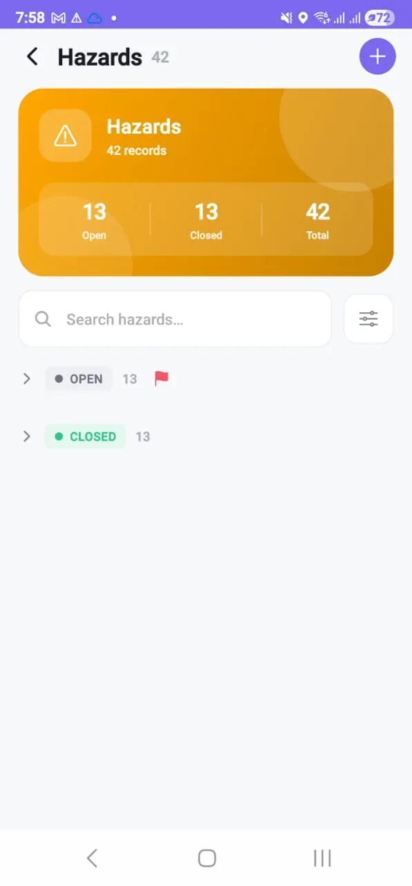 The hazard list on a phone showing 42 records with open and closed counts, a search field and a filter control