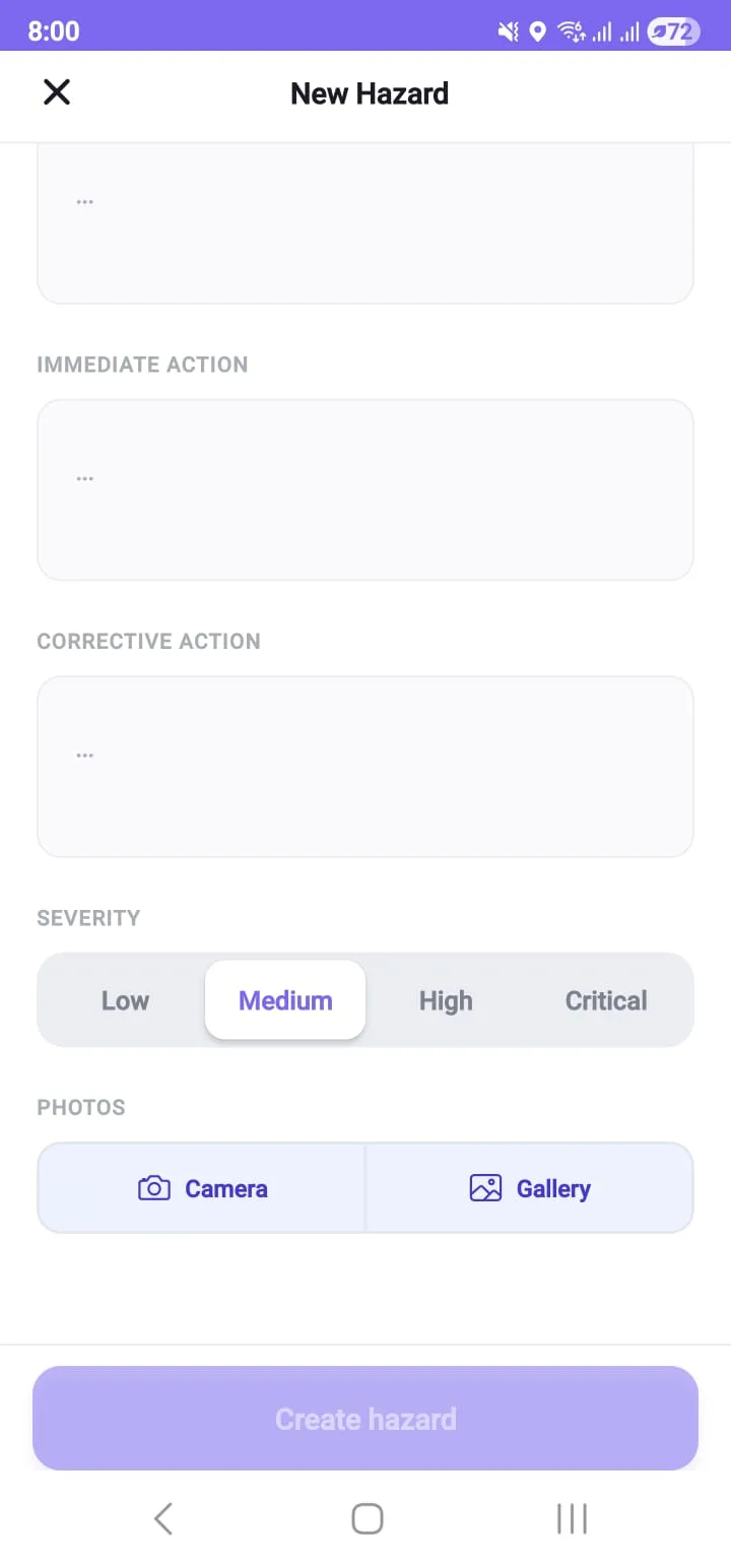 The new hazard form on a phone: immediate action and corrective action fields, a severity picker with Low, Medium, High and Critical, and camera and gallery buttons