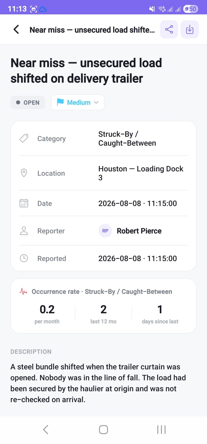 An incident on the phone: category, location, date, reporter, the occurrence rate for that category and the full description