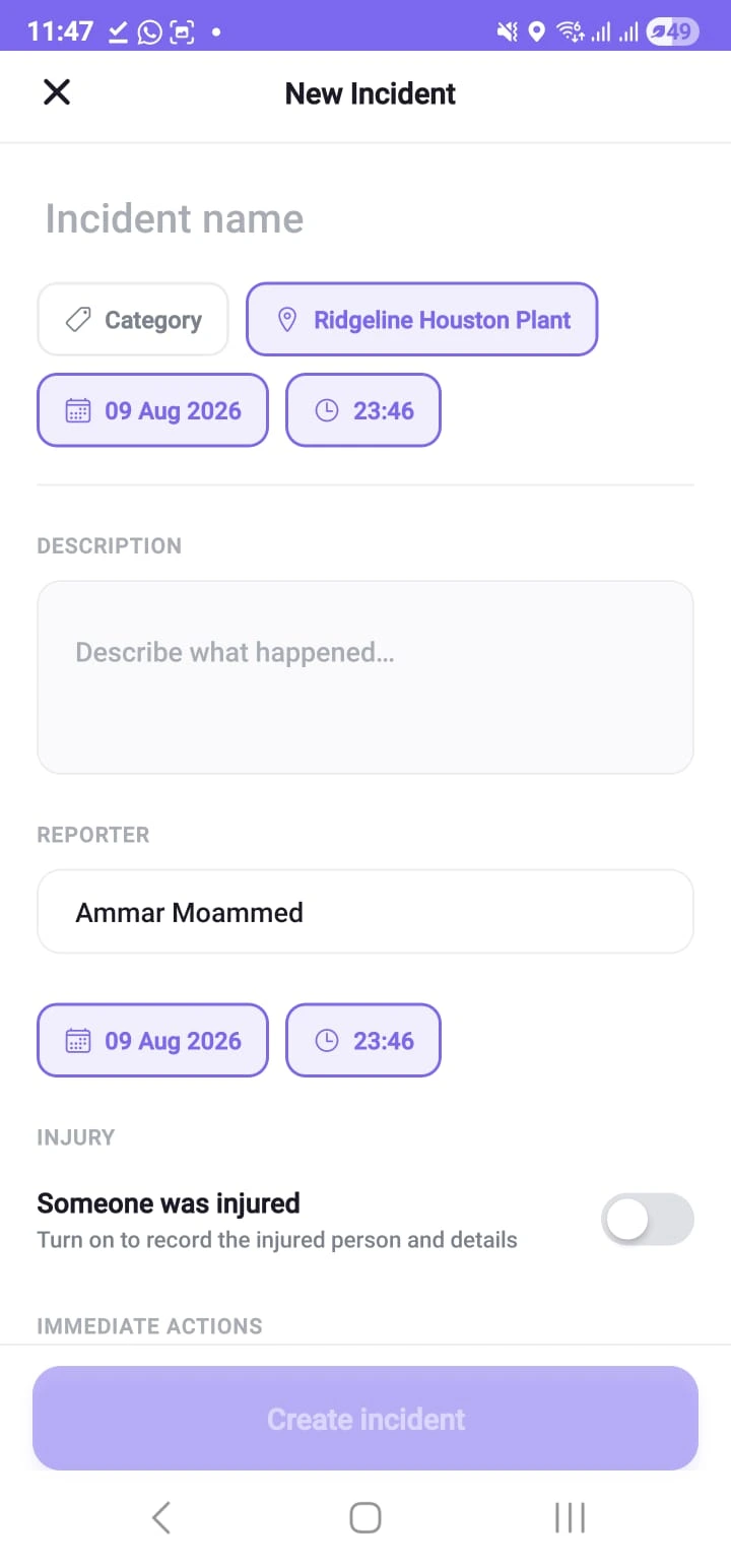 The New Incident form: name, category, an already-filled location chip reading Ridgeline Houston Plant, stamped occurrence date and time, description, reporter, reporting date and time, and an injury toggle