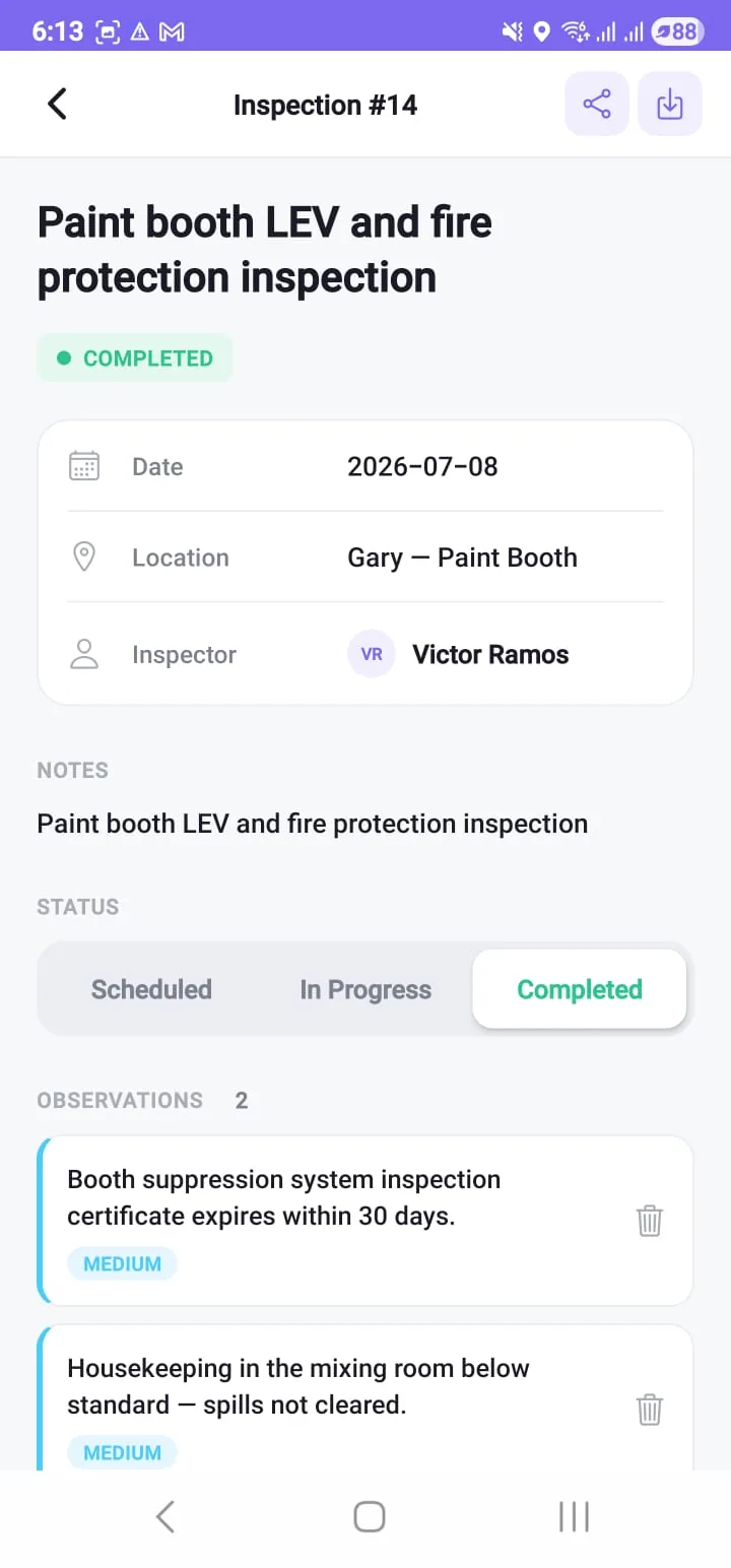 A safety inspection record on a phone: the round title, a completed stage, the date, the area, the named inspector, a stage control, and two graded observations