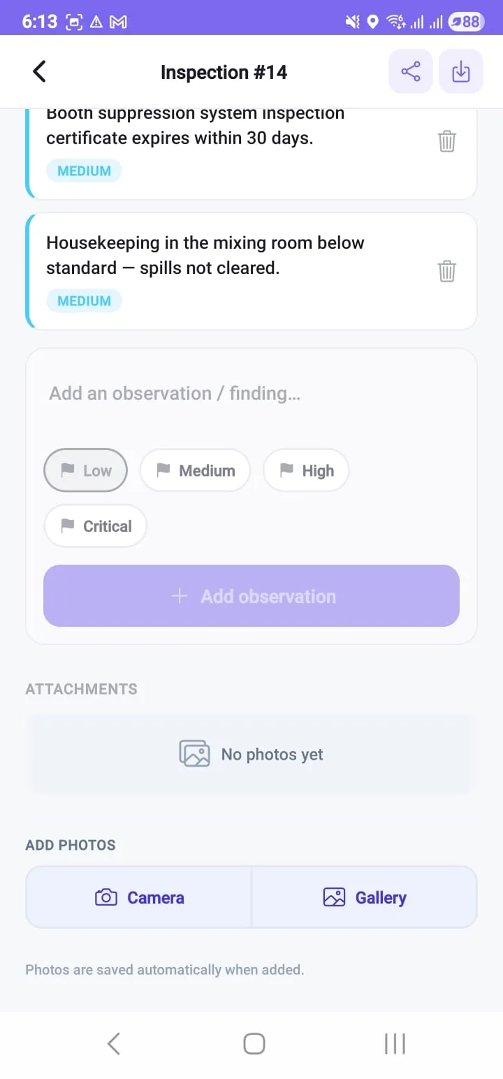 The inspection finding composer on a phone: two recorded observations, a text field reading add an observation or finding, a severity picker offering low, medium, high and critical, an add observation button, and camera and gallery buttons