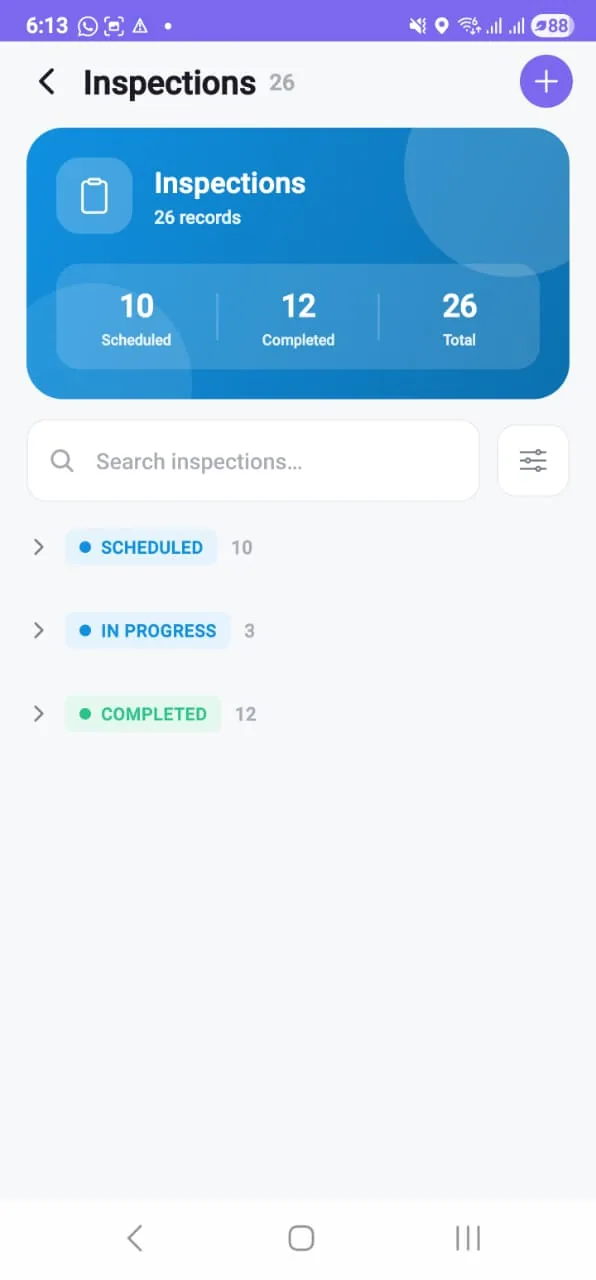 The inspection list on a phone: a counter strip and the rounds grouped into scheduled, in progress and completed, with a search field