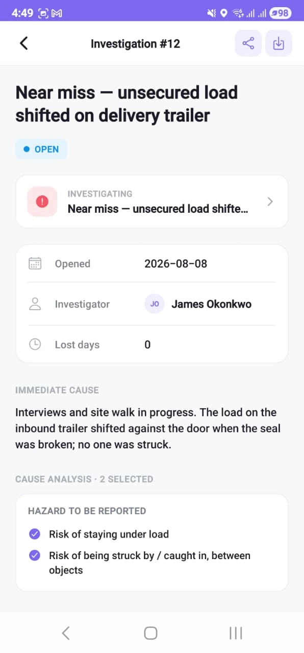 An investigation record on a phone: the incident title, an Open status, the linked incident, the date opened, the named investigator, lost days, the immediate cause in plain words, and a cause analysis with two contributing causes selected