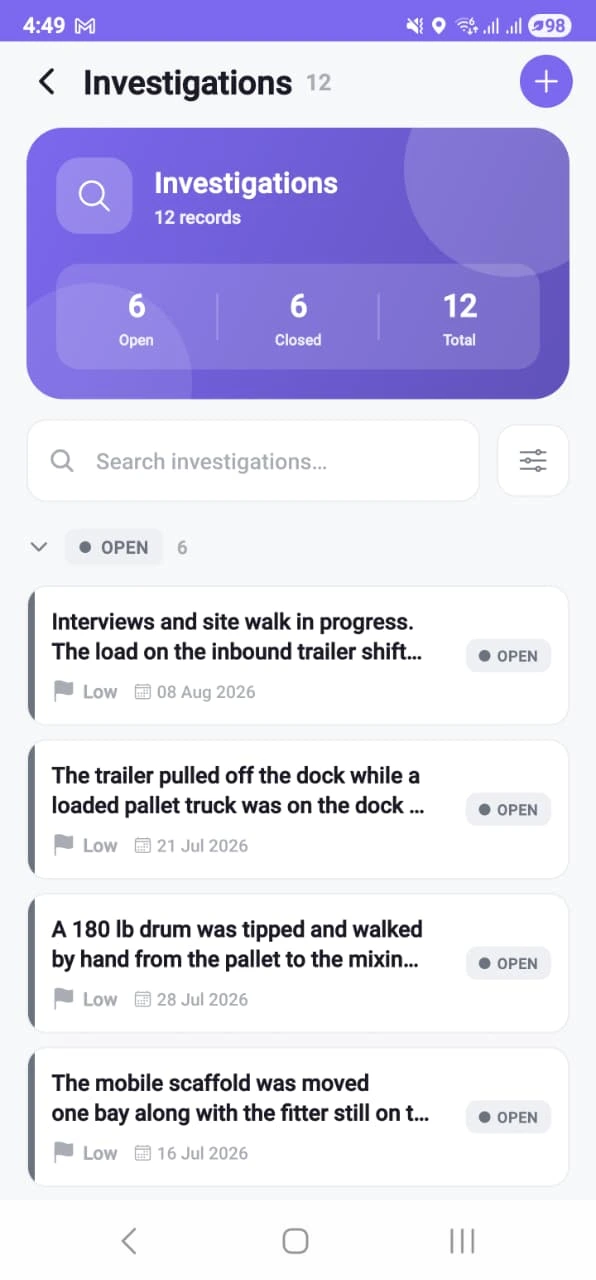 The investigation list on a phone: twelve records with a counter strip showing six open and six closed, grouped by state