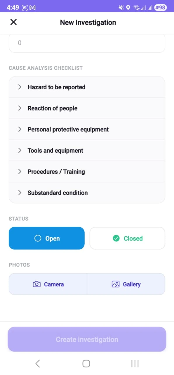 The new investigation form on a phone: a lost-days field, the cause analysis checklist with six collapsed sections, an open or closed status toggle, camera and gallery buttons, and a create button