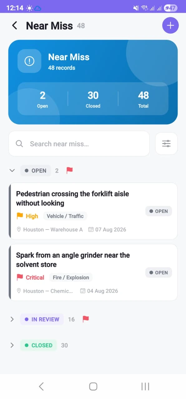The near-miss list on a phone, grouped into open, under review and closed