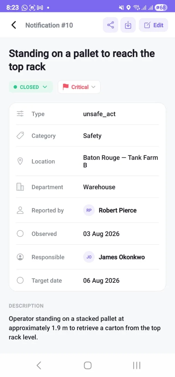 An unsafe-act observation on the phone showing its title, closed status, critical severity, type, category, location, department, reporter, observed date, responsible person and target date