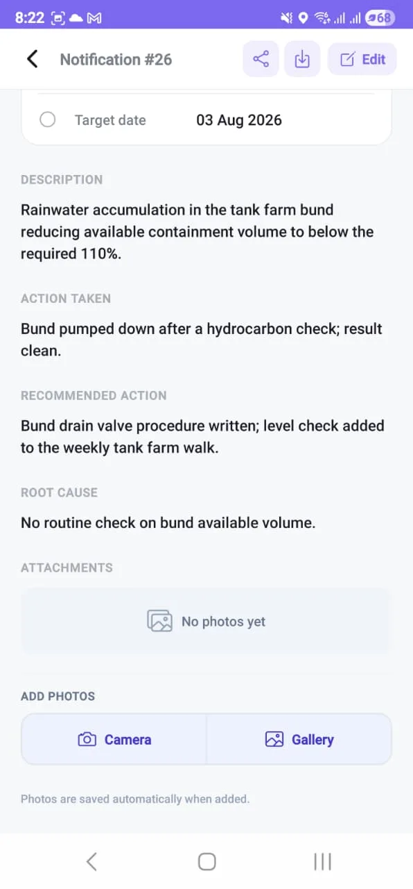 An observation on the phone showing description, action taken, recommended action and root cause as four separate fields, with photo attachment buttons underneath