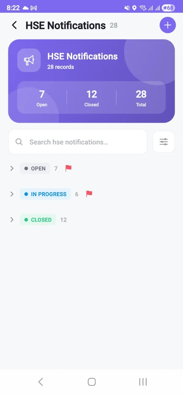 The observation list on a phone showing 28 records with open, in progress and closed counts, a search field and a filter control