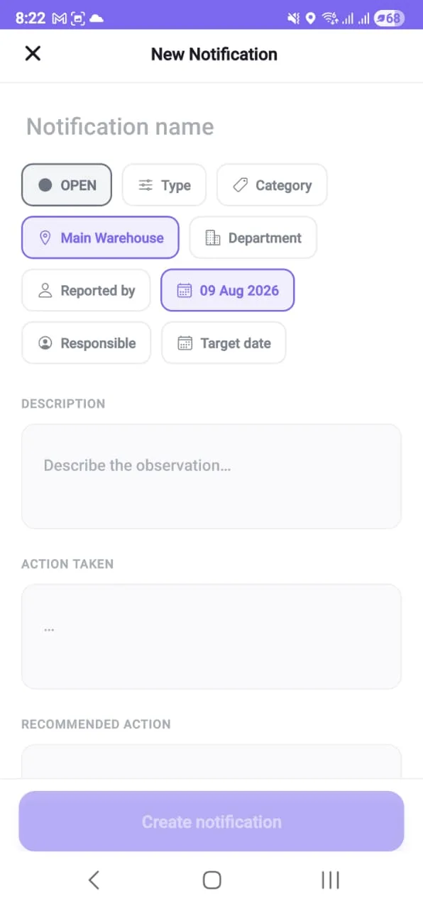 The new notification form on a phone: a name field, an open status chip, type, category, location, department, reporter, date, responsible and target-date pickers, and description and action-taken fields