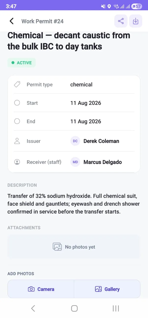 Permit #24 on the phone: an active chemical permit with its type, window, issuer and receiver, and the controls named in its description