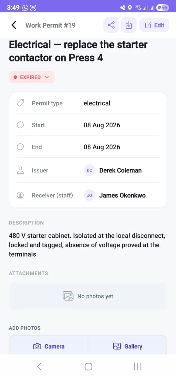Permit #19 on the phone: an electrical permit that has expired, with its isolation and proving recorded in the description