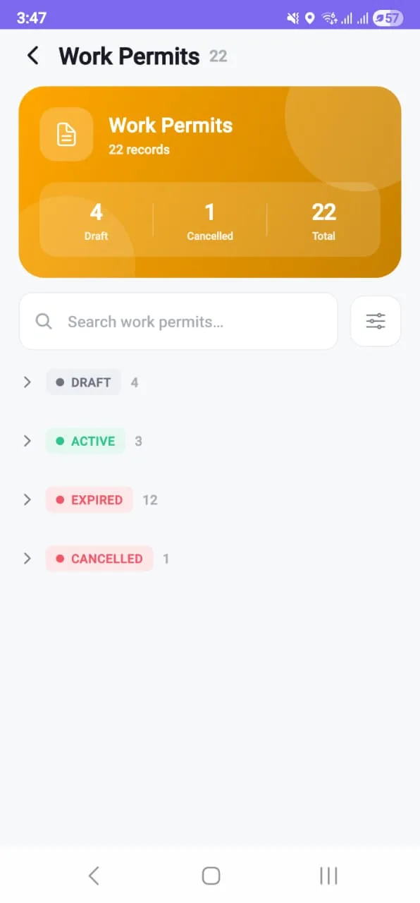 The work permit list on a phone showing 22 records grouped into draft, active, expired and cancelled