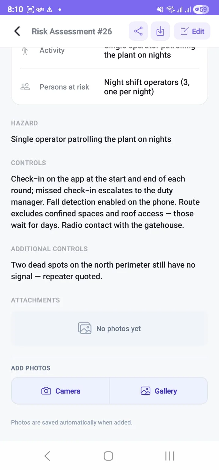 A risk assessment open on the field app, showing the hazard, the existing controls and the additional controls still required.
