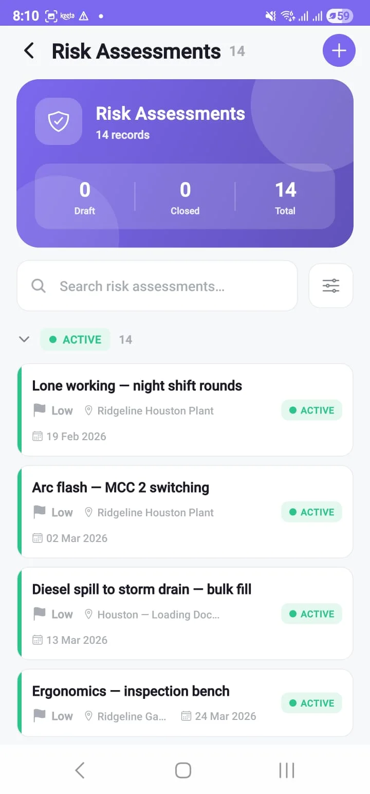 The risk assessment register on the field app, showing fourteen records with their location and date.