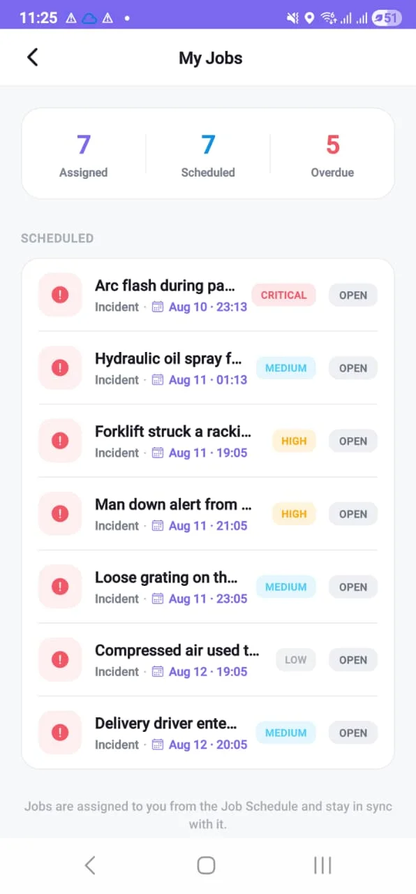 My Jobs on a phone: counts for assigned, scheduled and overdue, then the scheduled list with each job's module, date, time and severity