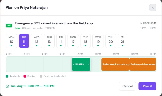 The plan dialog: a job being placed on a named staffer, with a ten-day picker and an availability strip showing available, booked and outside-shift hours