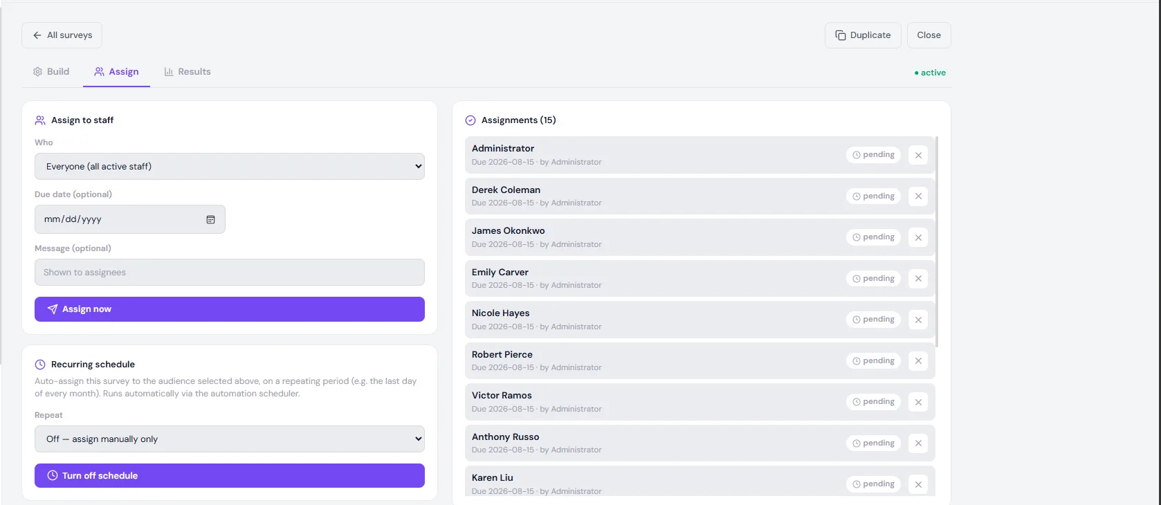 The assign tab of a survey, showing the audience picker, an optional due date, the recurring schedule control and the list of fifteen assignments.