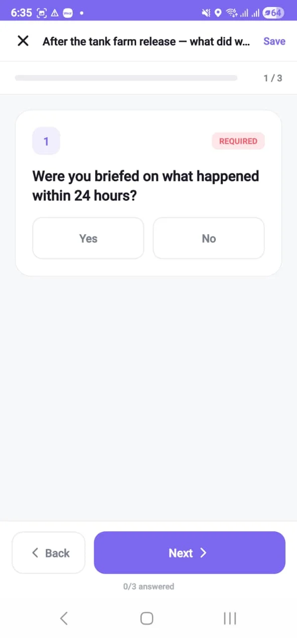 A required yes or no question on the field app, showing progress through the survey and a save control.
