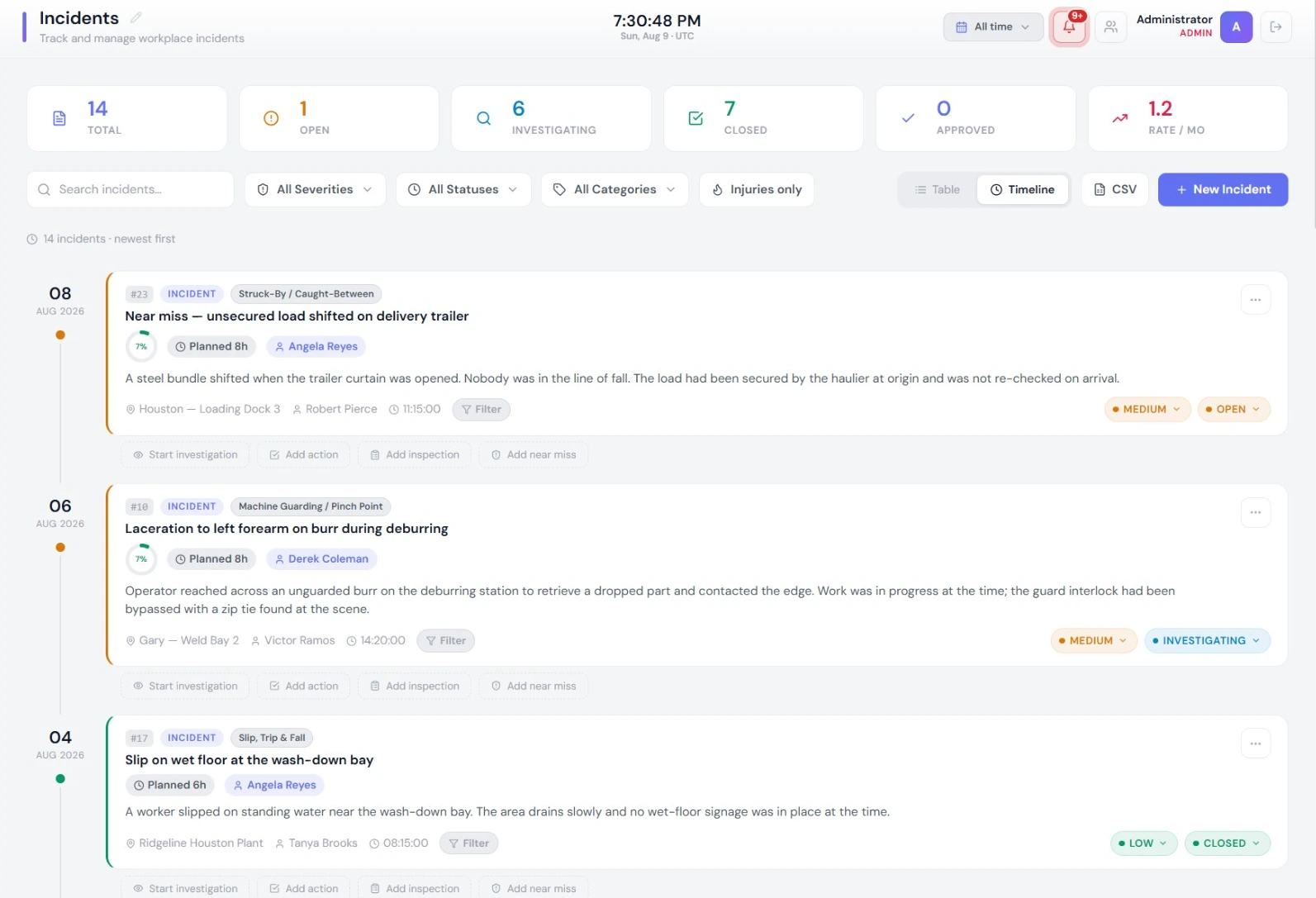 The same register as a timeline: each event dated, with its description, owner, location, severity and status, and the next actions available inline